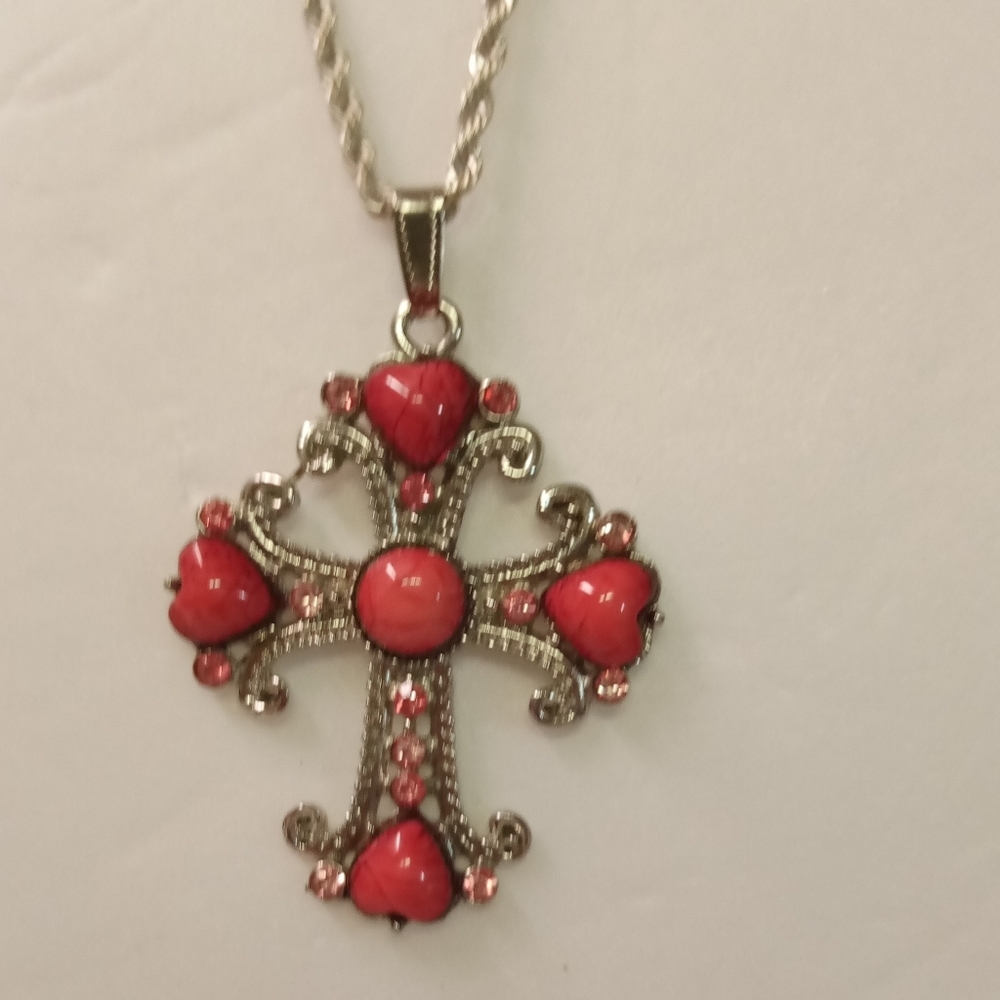 Times TRU Necklace Silver-Tone Rope Chain Wings of Love Cross Pink Stones Rhine